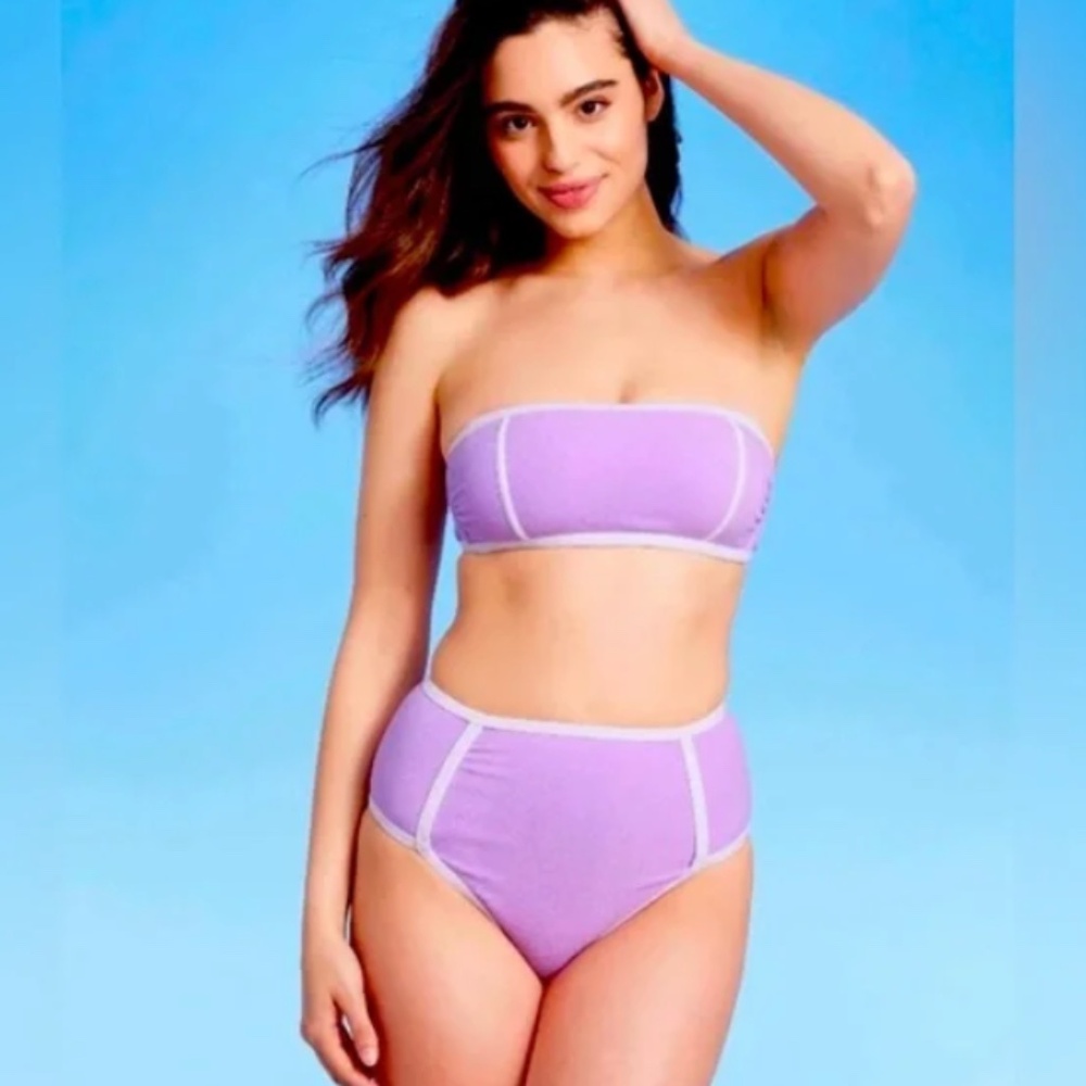 KONA SOL - Terry Cloth  High Waist Bandeau Top Bikini Purple